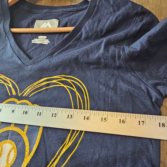 MLB Majestic Milwaukee Brewers Shirt Women Sz Small Blue Baseball Heart Game Day - Picture 6 of 6